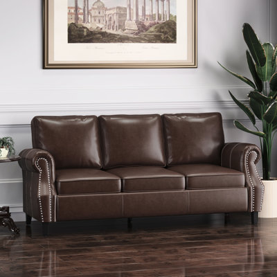 Dark Brown 3 Sectional , Faux Leather, Elegant Nailhead Trim, Birch Contemporary 3 Seat Leather Covering, Wood Legs