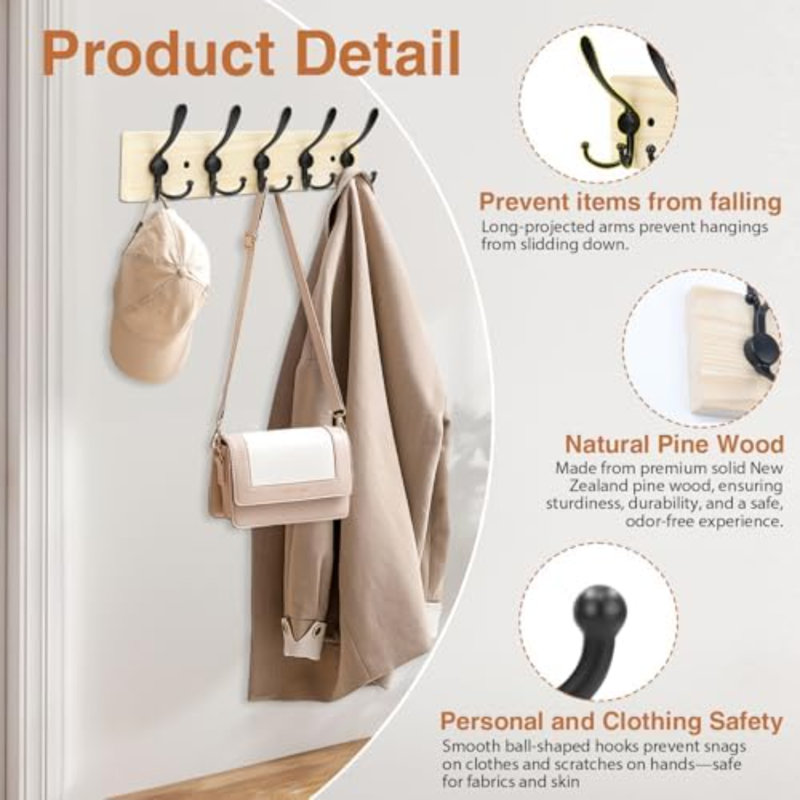 Porte-manteau mural en bois robuste, ensemble de 2 supports muraux avec 5 crochets triples pour vêtements, vestes, chapeaux, clés, organisateur d'entrée peu encombrant pour vestiaire (assiette naturelle et crochets noirs)