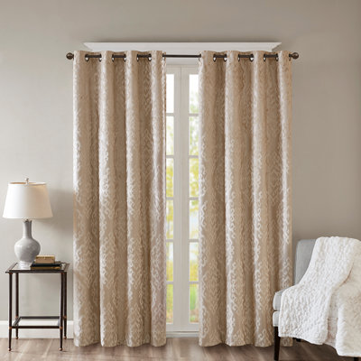 Knitted Jacquard Damask Total Blackout Grommet Top Curtain Panel, Single Piece, Heavyweight Fabric For Maximum Privacy And Light Blockage