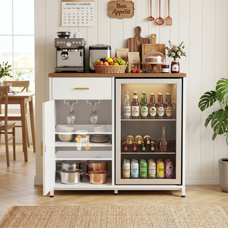 Bar avec prise de courant et mini espace réfrigérateur, mini support armoire avec tiroir et porte-verre à vin, White