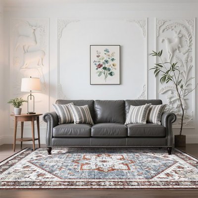 Machine Washable 5x7 Ft Vintage Boho Floral Rug, Non-Slip, Low Pile for Living Room/Bedroom/Entryway/Dining Room/Office (Red)