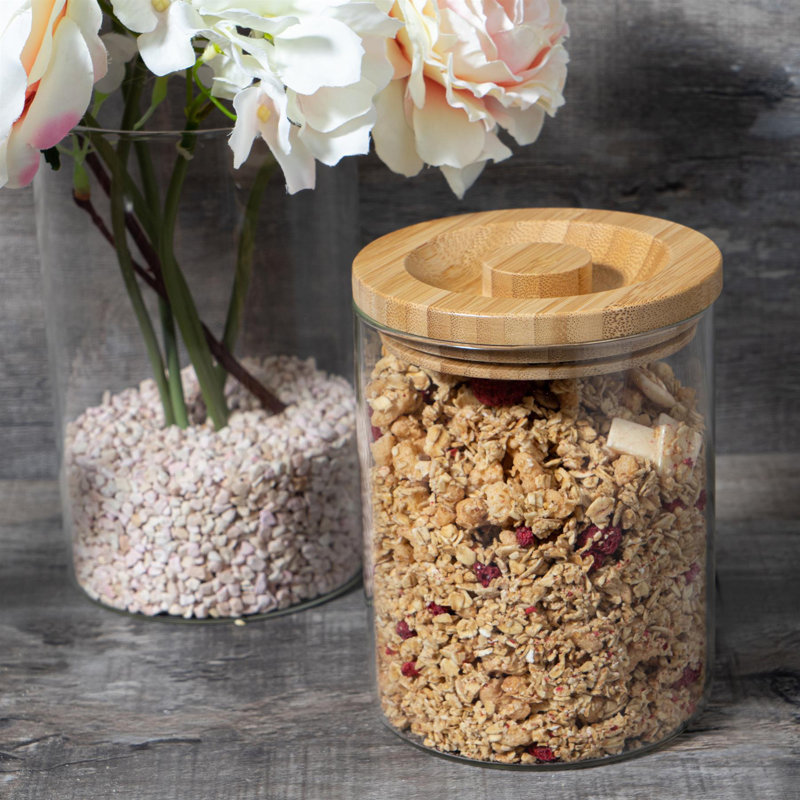 Argon Tableware - Glass Scandi Storage Jars with Wooden Lid, 15.5cm H x 10cm W x 10cm D
