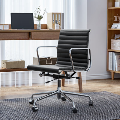 Ashvina Mid Back Conference Chair Genuine Leather Office Chair with Aluminum Base and Frame
