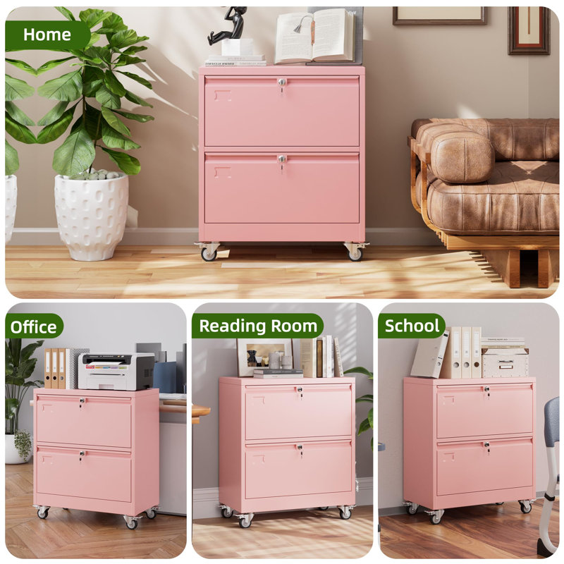 Wide 2 -Drawer Lateral Filing Cabinet With Lock, Suitable For Office, Home And School, Pink