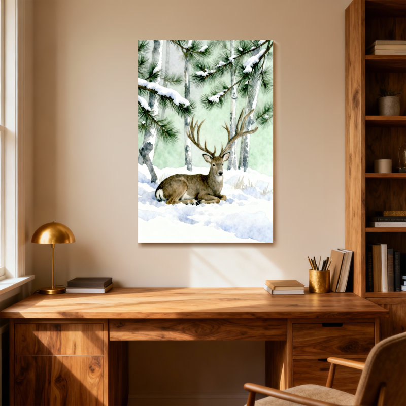 Animals Winter Deer Snow Pine Trees Forest Scene, 40" H x 28" W