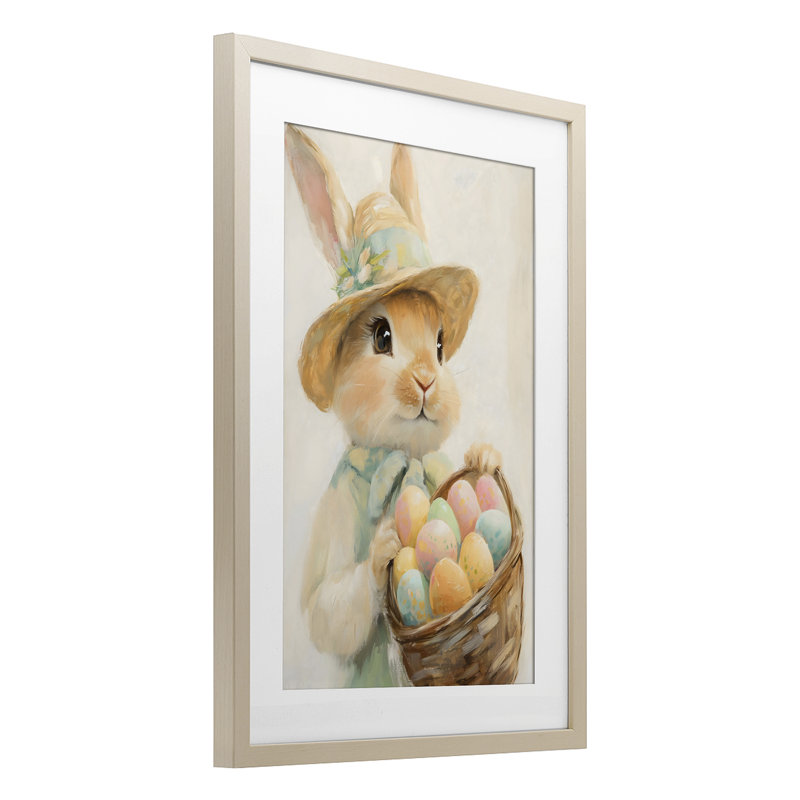 Easter Egg Basket Rabbit Framed Print Under Glass, design by The Prints Vibe, 23 x 17, Harvest Pine Under Glass Framed