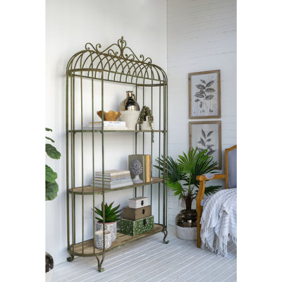 47X16.5X80" Vintage-Inspired Three-Tiered Iron Shelving Unit With Weathered Green Finish And Wooden Shelves