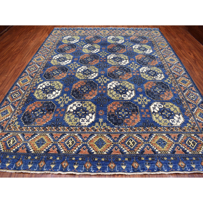 Tapis oriental bleu en laine noué à la main 9 pi 5 po x 12 pi Ersari 61CDE5B58B1B4048B323EF08C9E5399A