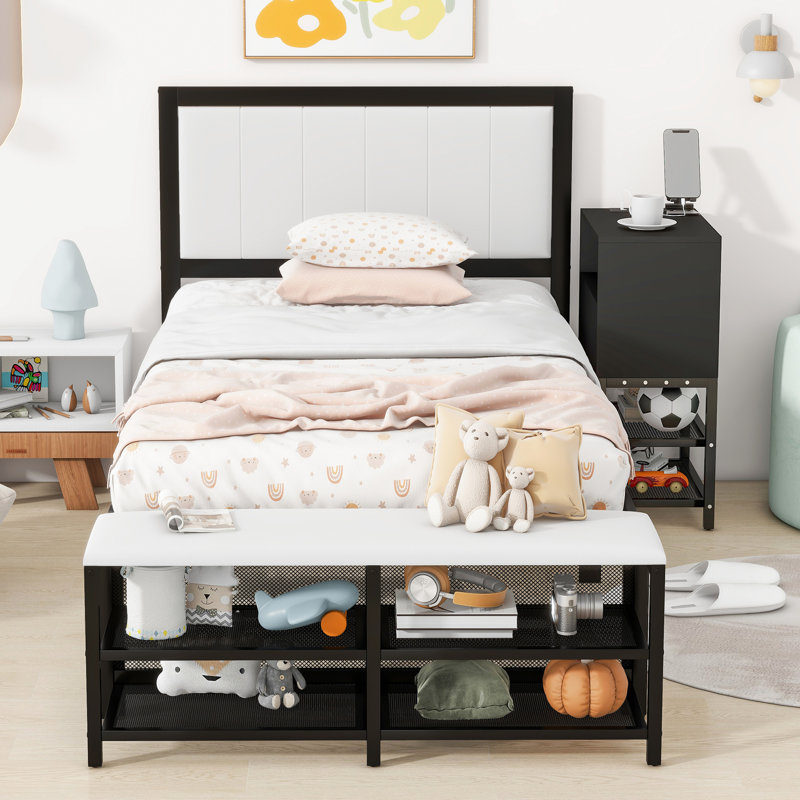 Lit plateforme simple en métal avec rangement et armoire exceptionnellement en bois, noir remarquable, Noir