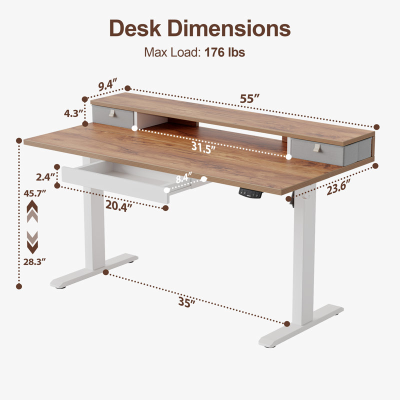 Bureau électrique à hauteur réglable avec tablette de rangement, bureau debout avec 3 tiroirs pour le bureau personnel