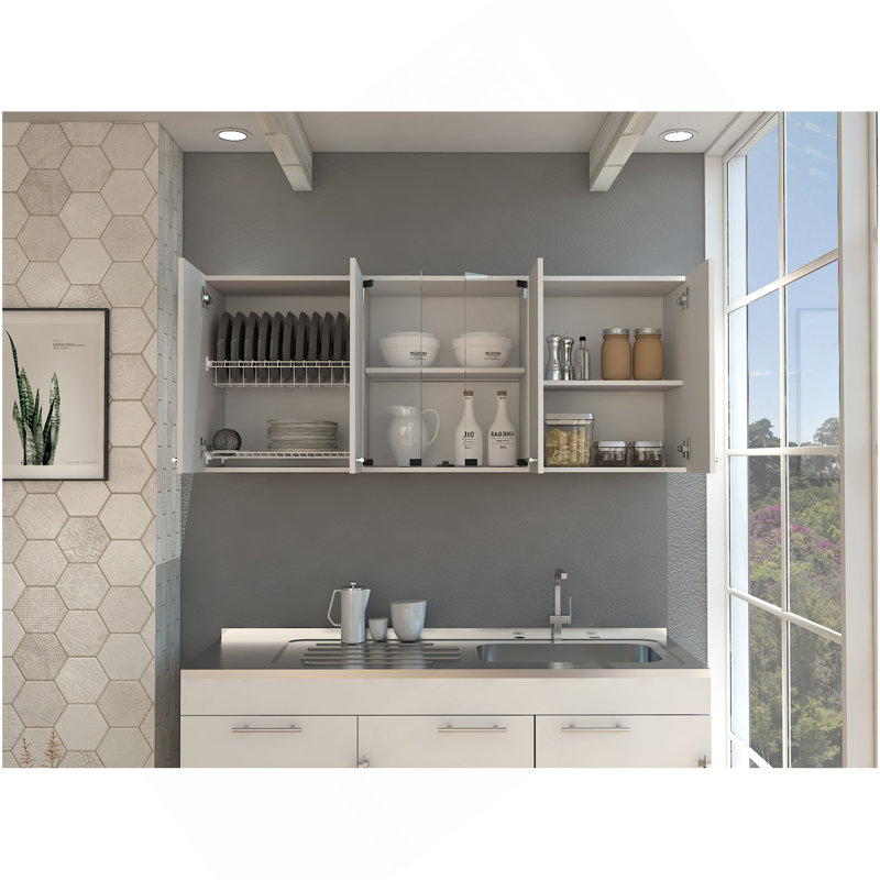 Superior 150 Wall Cabinet With Glass, Four Interior Shelves, Two Double Door -White
