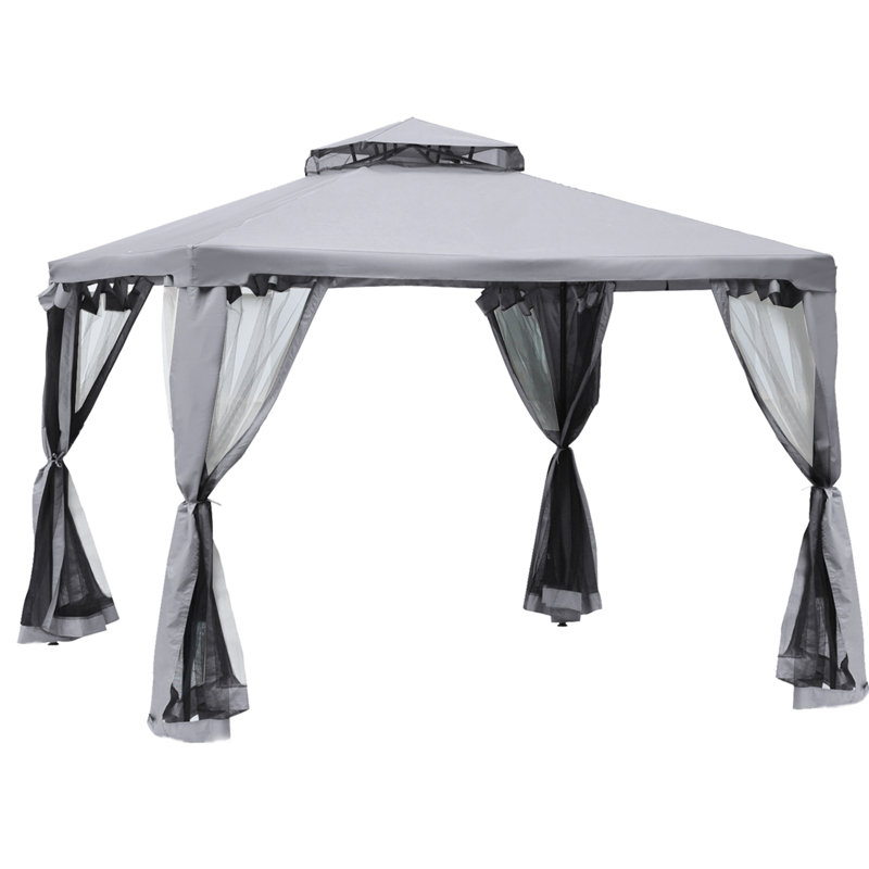 Pavillon de jardin gris, 9,6 pi x 9,6 pi, auvent à 2 toits avec filet, structure en acier pour terrasse de jardin, protection, imperméable, pluie