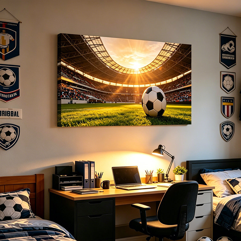 Ballon de soccer sur toile tendue, décoration murale moderne sur le thème des sports de stade, H 16 po x l 32 po