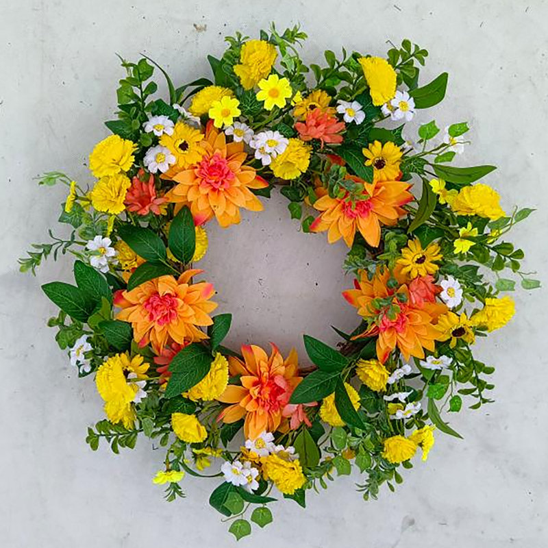 24" Spring Wreath for Front Door, Front Door Wreath with Bright Yellow and Orange Artificial Floral
