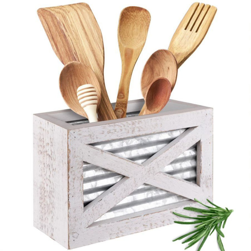 White Washed Wood and Galvanized Metal Farmhouse Utensil Crock