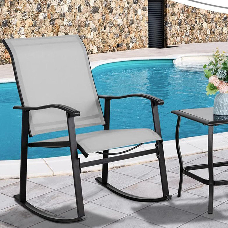 3 Piece Rocking Bistro Set with Rocker Chairs and Glass Coffee Table Set of 3, Rectangular Porch Furniture for Small Space,