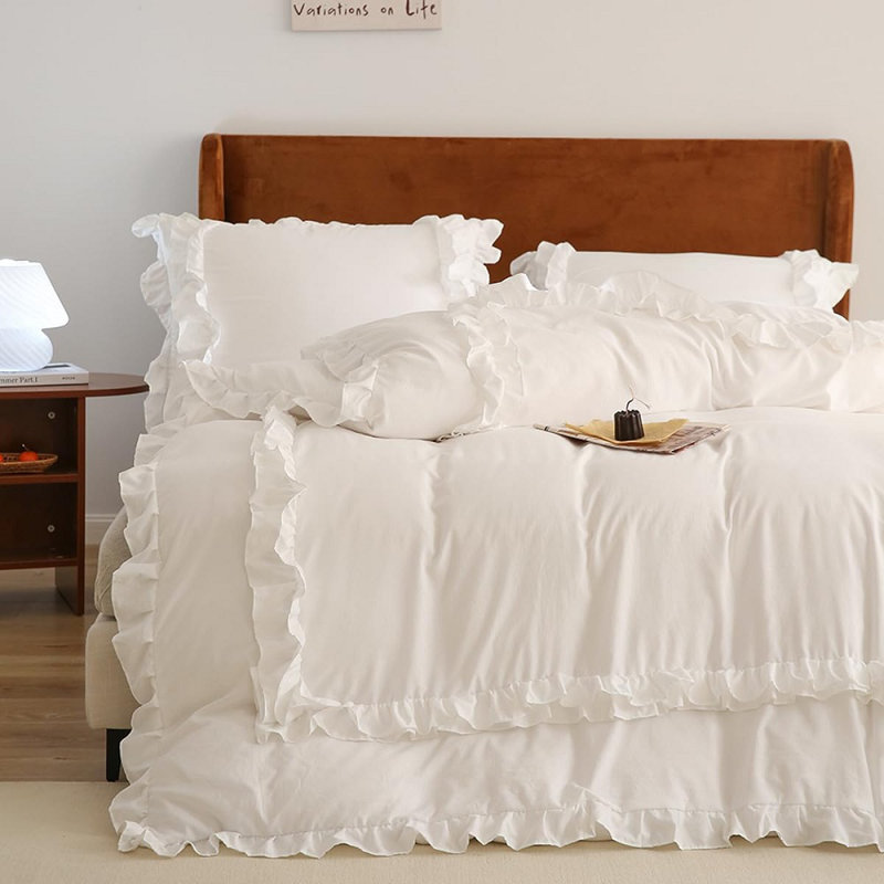 W-XHZK-WH Vintage Ruffled Fringe Duvet Cover Set White Ruffled Comforter Cover