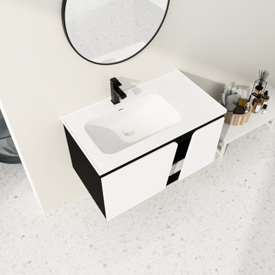 Meuble-lavabo flottant 36 po avec lavabo en céramique. Porte à fermeture en douceur. Décor moderne. Contreplaqué. Porte d'évier de la coiffeuse Choix. Ornement. Rangement pratique. Armoire en contreplaqué. Et