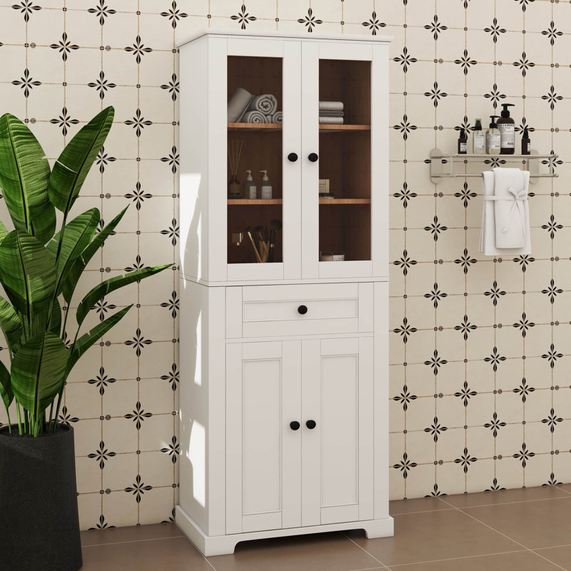 67.2 Inch Elegant Bathroom Storage Unit Featuring  Glass Doors Adjustable Shelves Plus A Drawer, White