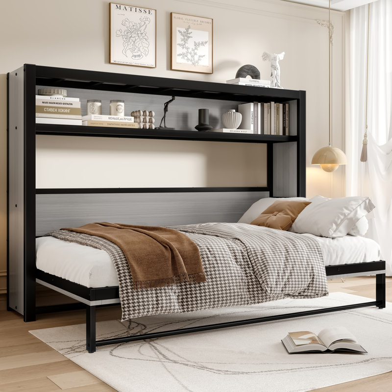 Twin Size Murphy Bed With Shelves, Metal Wall Bed With Foldable And Space-Saving Design, Gray, Gray