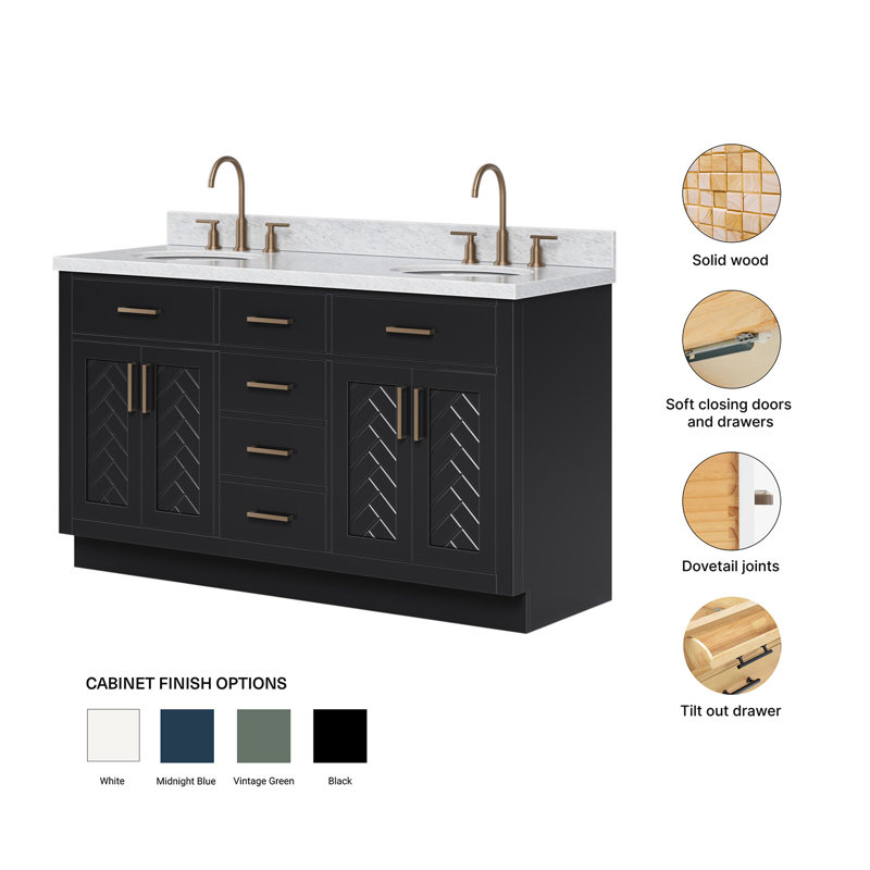Chevron 61 Inch Double Oval Vanity Bathroom Vanity with Carrara White Marble Countertop 1.5 Inch in Black, Oval, Black