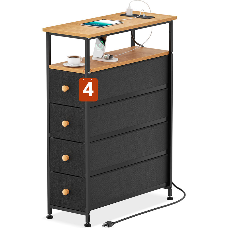 Narrow Dresser with Charging Station White Dresser with 4 Drawer Slim Chest of Drawer Bathroom, Black/Natural