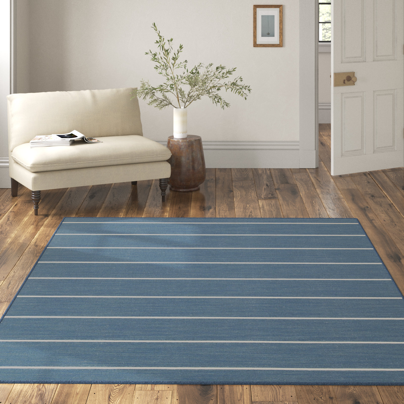 Creekmont Blue Cream Hand-Woven Striped Wool Rug, Rectangle 5' x 8'