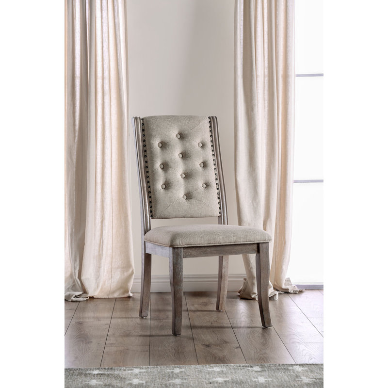 Beige Upholstered Side Chair with Rustic Wood Frame, Set of 2