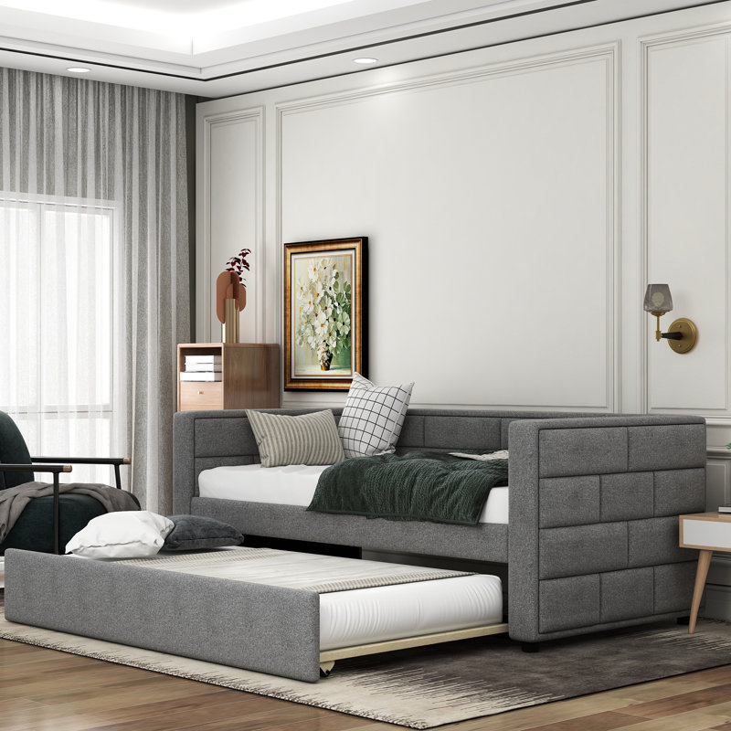Upholstered Twin Daybed With Trundle, Gray Padded Structure, For Home Comfort Padding, Bedroom Use