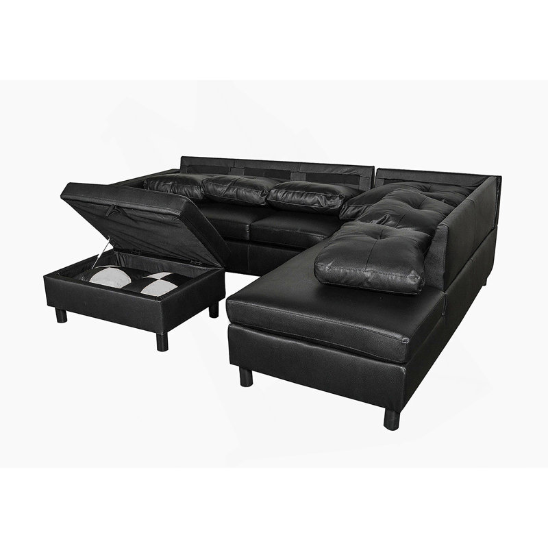 Ensemble de canapé modulaire, canapé en similicuir avec repose-pieds et rangement libre, Similicuir noir