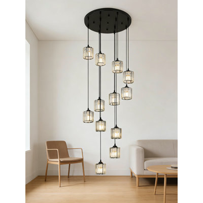 Lustre moderne en cristal pour plafonds hauts, luminaire suspendu à plusieurs niveaux avec lumière DEL réglable, pré-assemblé pour une installation facile dans le vestibule, l'escalier ou le salon