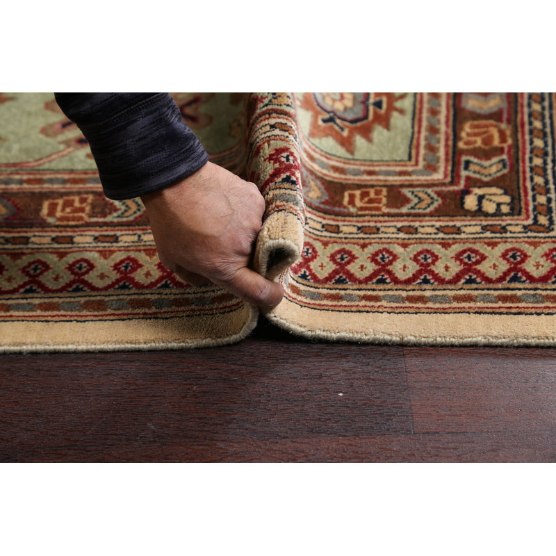 Tapis beige en laine noué à la main de conception unique 12 pi 1 po x 18 pi