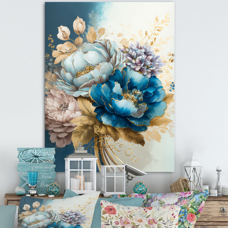 «Bladwell Golden Blue Flower Arrangement IV», reproduction sur toile, H 40 po x l 30 po x P 1,5 po, Toile tendue