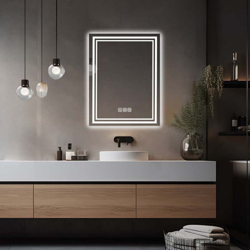 Miroir à DEL de 36 po x 28 po pour salle de bain, écran plat de 5 mm, 3 couleurs réglables, 5 minutes, avant et rétroéclairé, Cri90 +, miroir de meuble-lavabo à mémoire de forme, à intensité variable, à l'arrière, installé