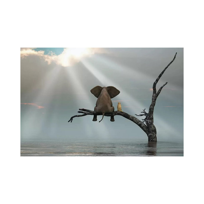 Éléphant et chien assis sur un arbre fuyant une inondation - reproduction d'art, H 18 po x l 26 po x P 1,5 po, Toile tendue