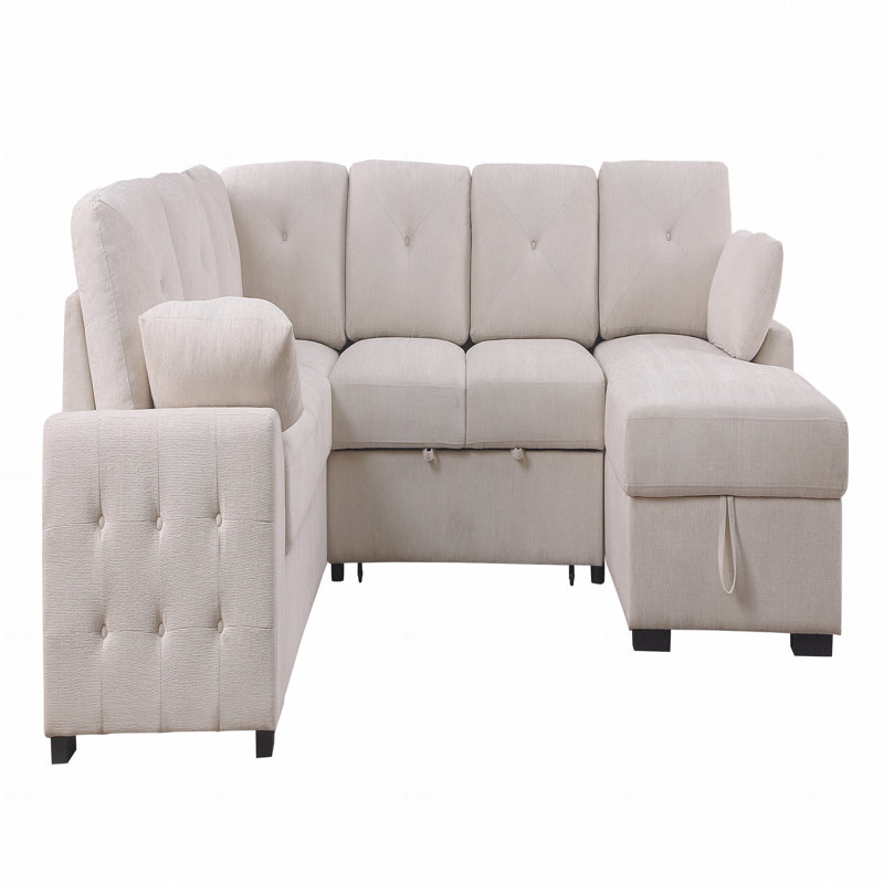 Multi - Functional L - Shaped Corner Sofa With Storage And Convertible Bed Features, Beige Chenille