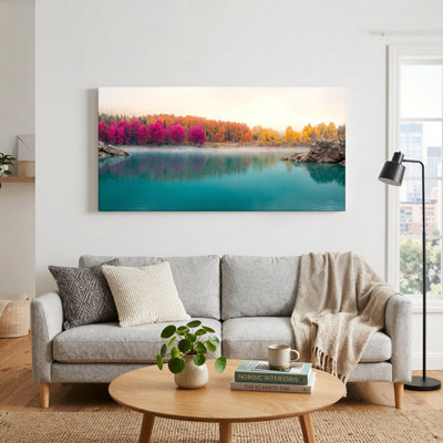 Ensemble de 1 tableau sur toile représentant un lac d'automne