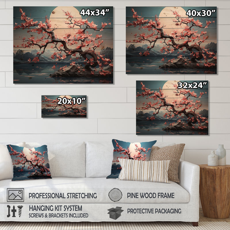 «Pink Cherry Blossom Twilight», paysage romantique sur bois, H 10 po x l 20 po