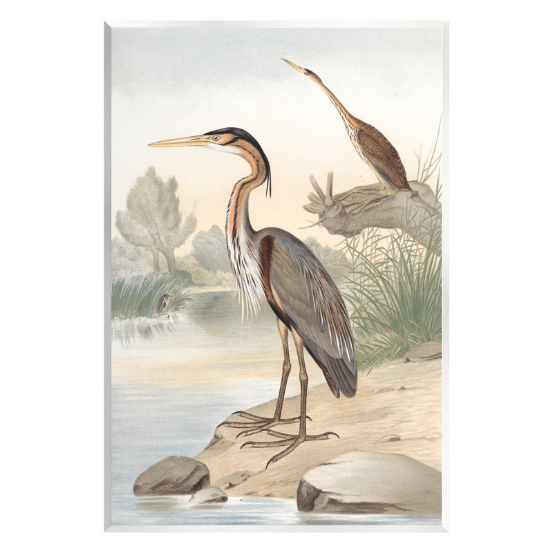 Wild Heron Birds Scenic Grassy Creek MDF Wood Wall Art