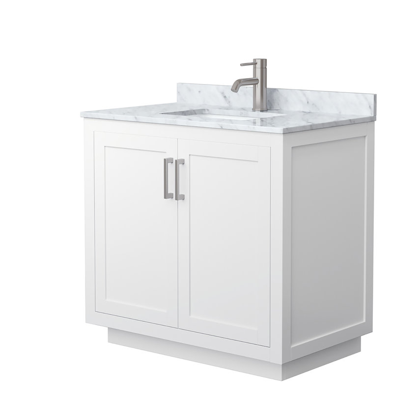 Ensemble de meuble-lavabo simple 36 po avec plateau en marbre Miranda, Nickel brossé, Blanc