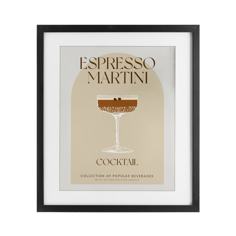 Élégant imprimé rétro encadré Martini espresso sous verre, design par Lil 'Rue, H 21 po x l 17 po, Cadre noir minuit