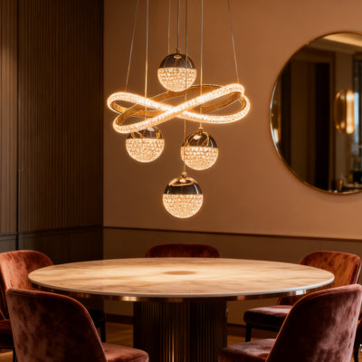 15.7" Modern Gold 4-Globe Integrated LED Chandelier with 3-Color Lighting and Adjustable Height