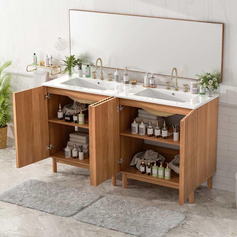 Ensemble de meuble-lavabo 59,8 po avec lavabo en céramique, style américain traditionnel, pieds en bois, structure en panneau de fibres à densité moyenne, portes à fermeture en douceur avec tablette réglable en forme de U, patins en plastique