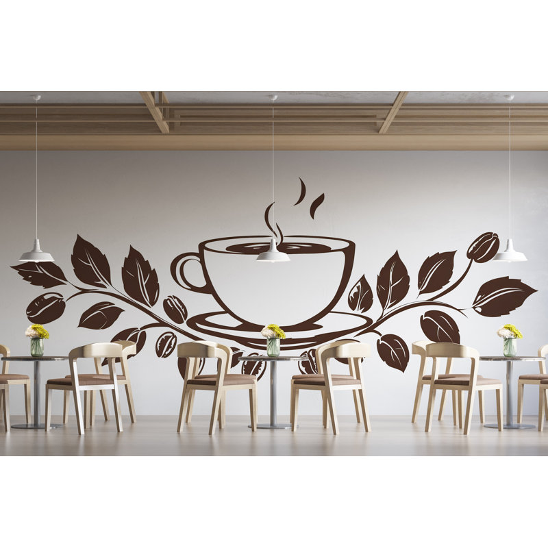 Murale tasse à café, art mural café, décoration intérieure café, conception murale feuille café, H 24 po x l 13 po