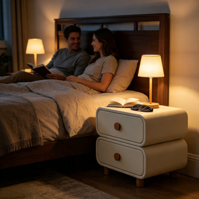Table de chevet crème à 2 tiroirs, table d'appoint moderne aux formes douces et arrondies avec poignées en bois et pieds en bois massif, meuble de rangement multifonctionnel pour la chambre et les petits espaces