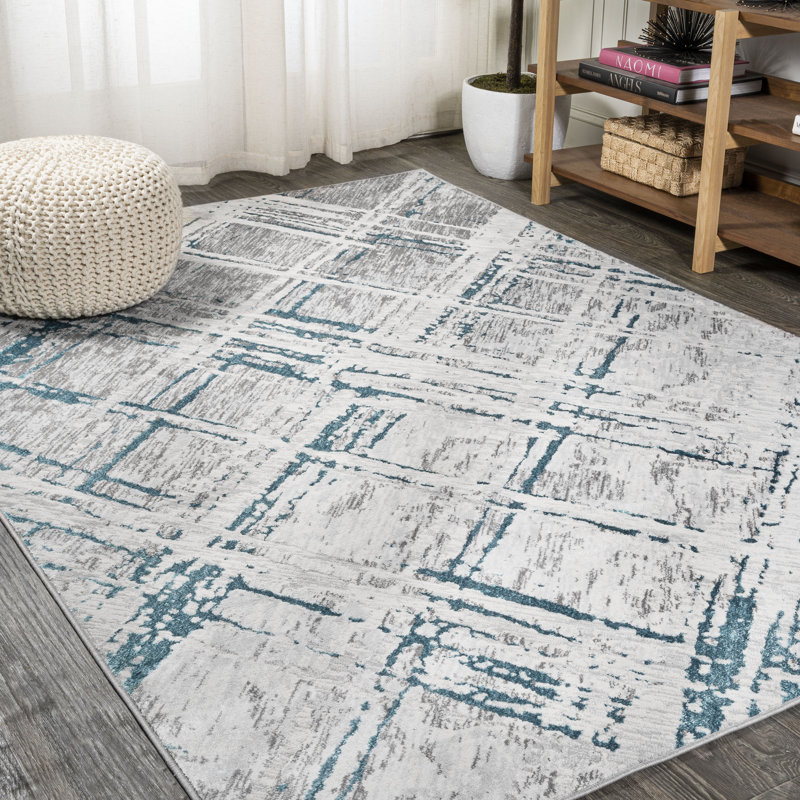 Reider Modern Abstract Gray/Turquoise Rug, Rectangle 7'9" x 10'