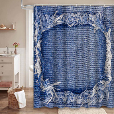 Torn Denim Jeans Canvas Cloth Blue Shower Curtain with 12 Hooks
