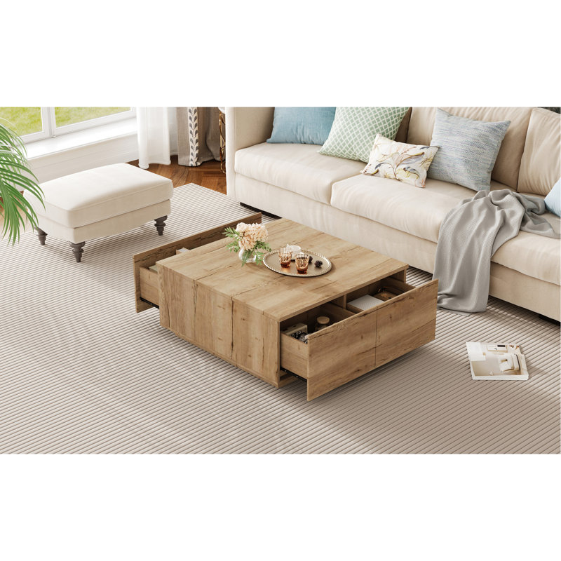 Table basse carrée 33,25 po à 4 tiroirs, naturel