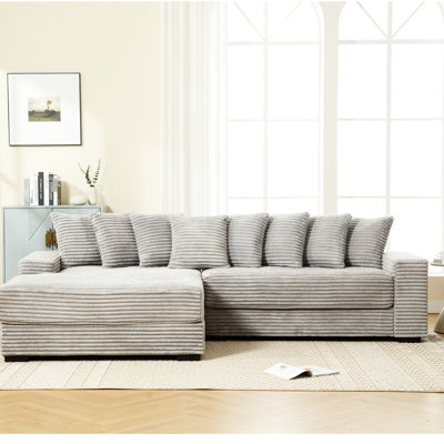 Spacious Two Couches In Corduroy Fabric With Left Chaise And Pillows L Shaped Seat Fashionable Foot Cushions