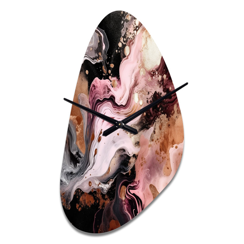 Horloge murale en métal rose, noir et agate chromatique abstraite de forme irrégulière, Grand